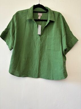 Chico’s Green Gauze Cotton Collared Top Size 3 NWT
